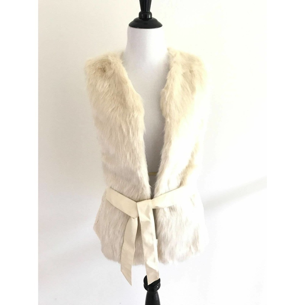 Ya Los Angeles | Womens Size M/L Faux Fur Sleeveless Vest Beige Belted Open